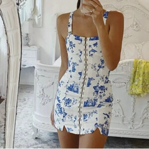 For Love & Lemons Blue White Monika Hook Front Mini Dress $275
